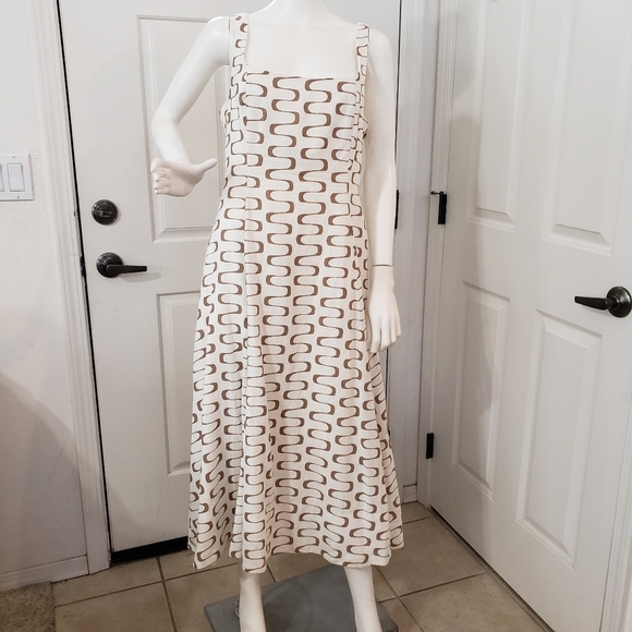 Christian Lacroix White Linen Midi Dress With Brown Waves Print, Size S - Picture 1 of 8